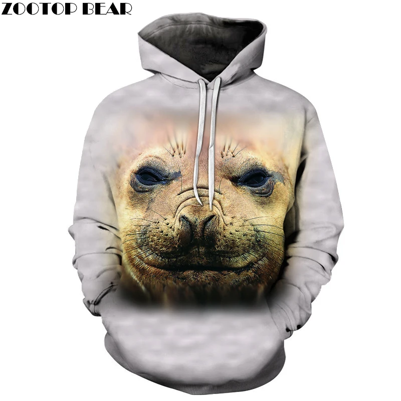 3D Printed Seals Hoodies Men Women Animal Sweatshirts Hooded Pullover