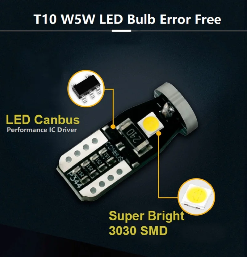 2x T10 W5W Canbus светодиодный шарик автомобиля 12V 5W5 светодиодный автомобиля для чтения светильник, на танкетке, с боковой фонарь освещения номерного знака 6000 К 168 194 белого Нет Ошибка