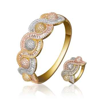 

Newness Shape Luxury Cubic Zircon 3 Tone Color Copper Luxury Rhinestones Twist Wide Bangle Ring Fashion Jewelry Set