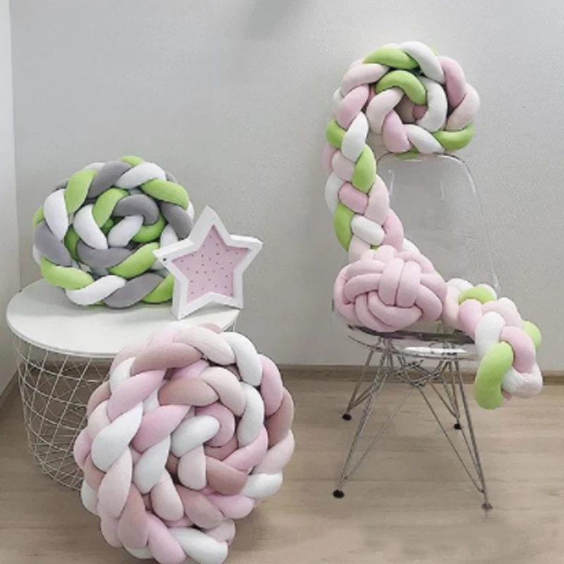  200cm Baby Bed Bumper Four Ply Knot Handmade Long Knotted Braid Weaving Plush Baby Protector Crib I