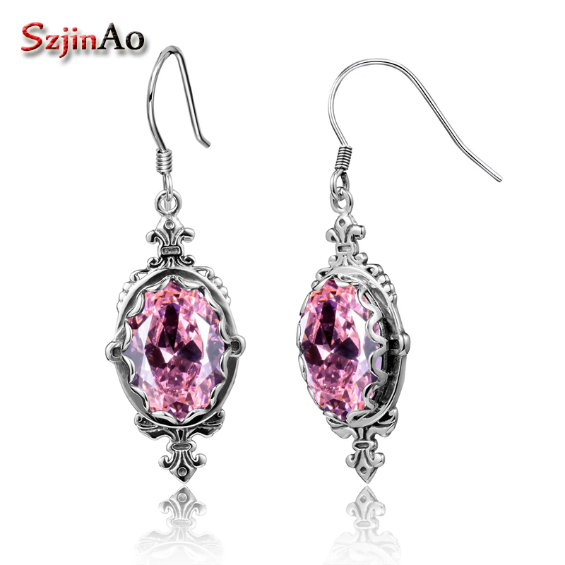 

Szjinao Fashion Pink Austrian Crystal Oval Earrings For Women 925 Sterling Silver Ethnic Fine Jewelry female brincos pendientes