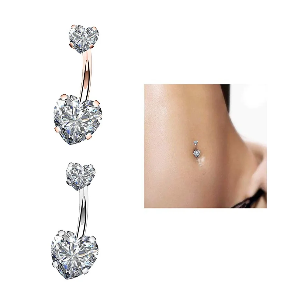

Matewei 2pcs Navel Rings Belly Piercing Surgical Steel Luster Rhinestones Sexy Women Body Jewelry Heart-shaped Body Jewelry