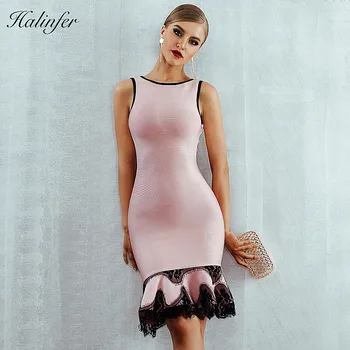 

Halinfer 2018 New summer women dress sexy bodycon o neck lace bandage dress elegant club celebrity party pink dresses vestidos