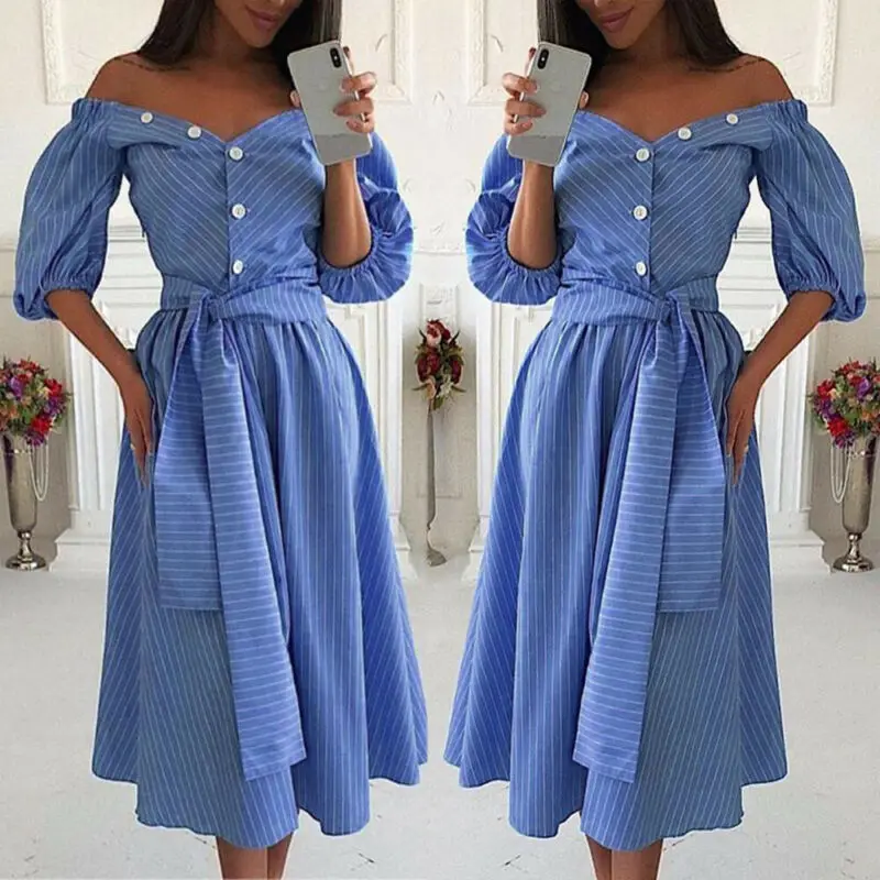 

Blue Striped Dress Bow Bandage Sexy Autumn Off Shoulder Women Party Dresses Single-Breasted Belted Midi Elegant Shirt Dress