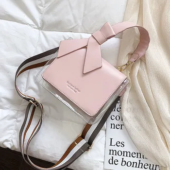 

Fashion New 2019 Transparent Bag Stripe Wide Strap Flap Shoulder Messenger Bag Luxury Brand High Quality Women Leather Handbags