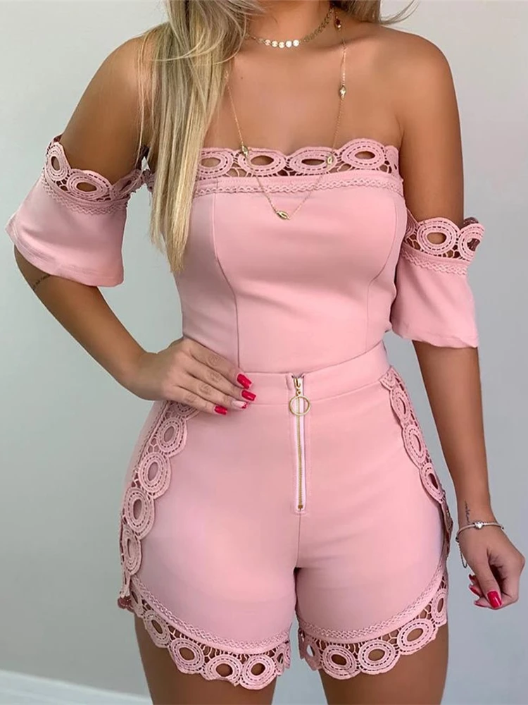 

2019 Summer Women Sexy Patchwork Zipper High Waist Slim Fit Romper Playsuits Off Shoulder Hollow Out Lace Detail Skinny Romper