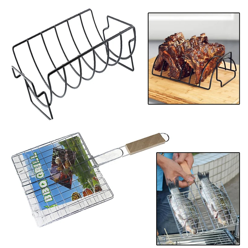 

1PC Grill Stand Roasting Non-Stick BBQ Tools Fish Clip BBQ Rib Rack Steak Holders Rack Portable Outdoor Camping Supplies