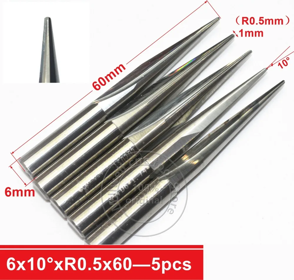 

6mm*10degree*R0.5*60L,5pcs,CNC carbide wood End Mill,woodworking insert router bit,Taper ball nose milling cutter,deep relief