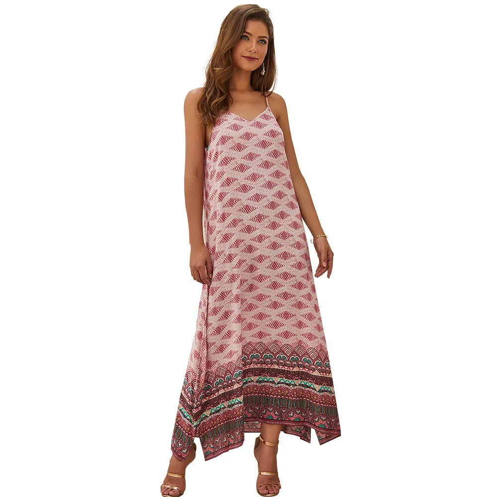 

Women Geometric Boho Long Maxi Dress Woman Lady Party Summer Beach V Neck Backless Sundress Streetwear Vestidos 2019 New Arrival
