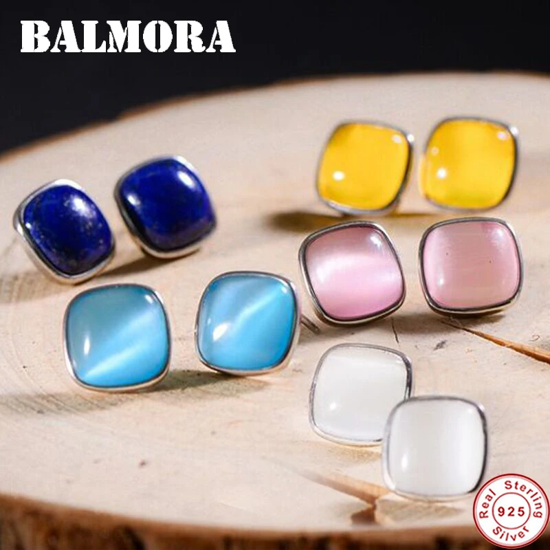 

BALMORA 1 Pair 100% Real 925 Sterling Silver Beautiful Opal Square Stud Earrings for Women Lover Gift Fashion Earrings JWE017038