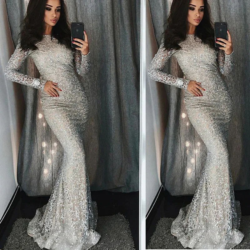 

Sexy Silver Sequin Dress Long Sleeve Long Evening Maxi Party Floor Length Dress Night Club Elegant Dresses 2019 Vestidos