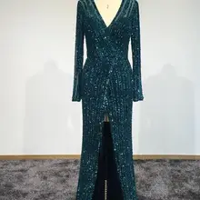 Вечернее платье с глубоким v-образным вырезом, роскошный разрез спереди, платье для выпускного вечера с длинным рукавом