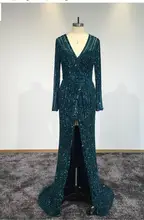 2018 Deep- v neck Real Sample Evening Dress Luxurious Front Split Mermaid Prom Dresses Long Sleeve black crossed front design deep v neck mini dresses