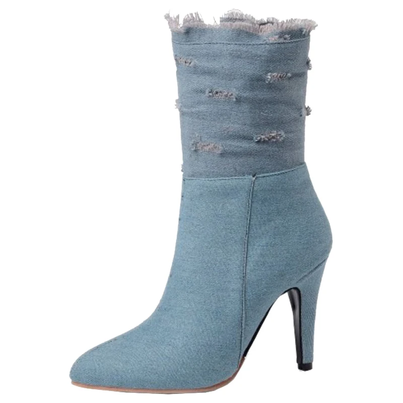 SJJH Women Denim Stiletto Chelsea Boots with Point Toe Zip Short Plush Mid-Calf Boots Fashion Elegant Shoes Large Size A954 SJJH Women Denim Stiletto Chelsea Boots with Point Toe Zip Short Plush Mid-Calf Boots Fashion Elegant Shoes Large Size A954