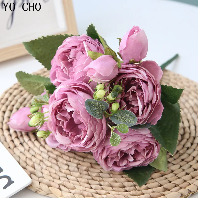 YO CHO фиолетовый розовый белый пионы розы Искусственные цветы 5 больших головок 4 бутона/Букет Шелковый Пион для свадьбы