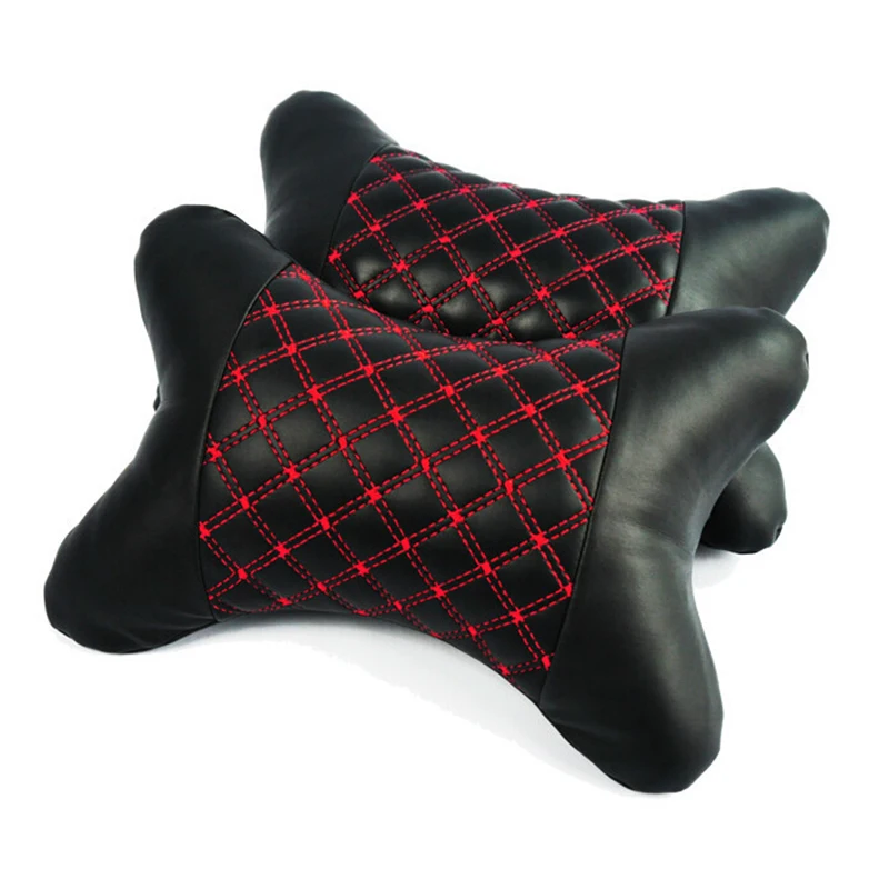 

Universal Pillow PU Leather Car Headrest Neck Support Cushion Black+Red Line