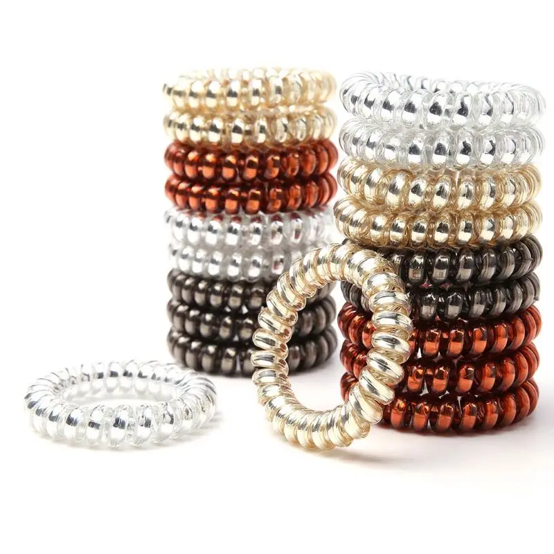 

Women Girls Plastic Rubber Band Glitter Metallic Color Spiral Shape Hair Ties Rope Telephone Wire No Crease Coil Ponytail Holder