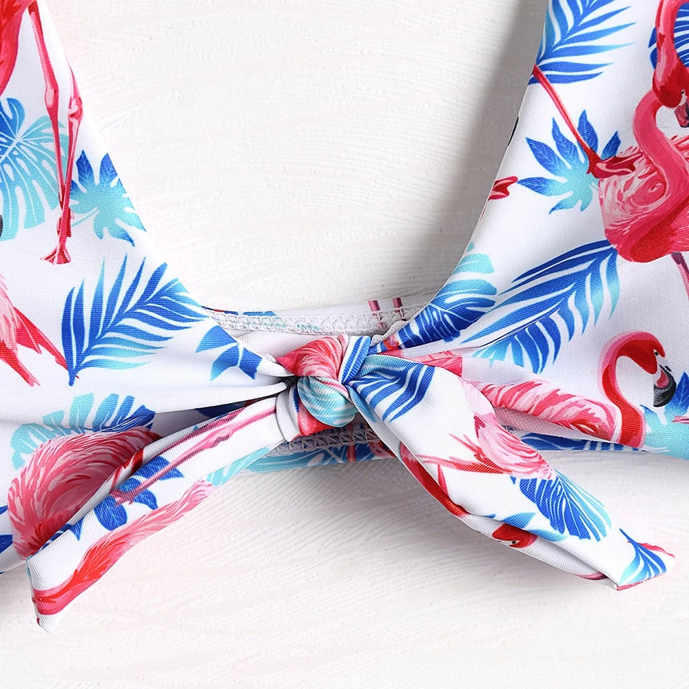 2018 Women High Cut Flamingo Printed Bikini Set Plunging Neck Bow Knot Push Up Swimsuit Bathing Suit Brazilian Bikinis Swimwear