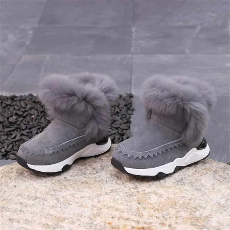 

2018 Winter Children Snow Boots Real Leather Kids Rabbit Fur Warm Boots Fashion Boys Winter Boots for Girls High Top Plush Shoes