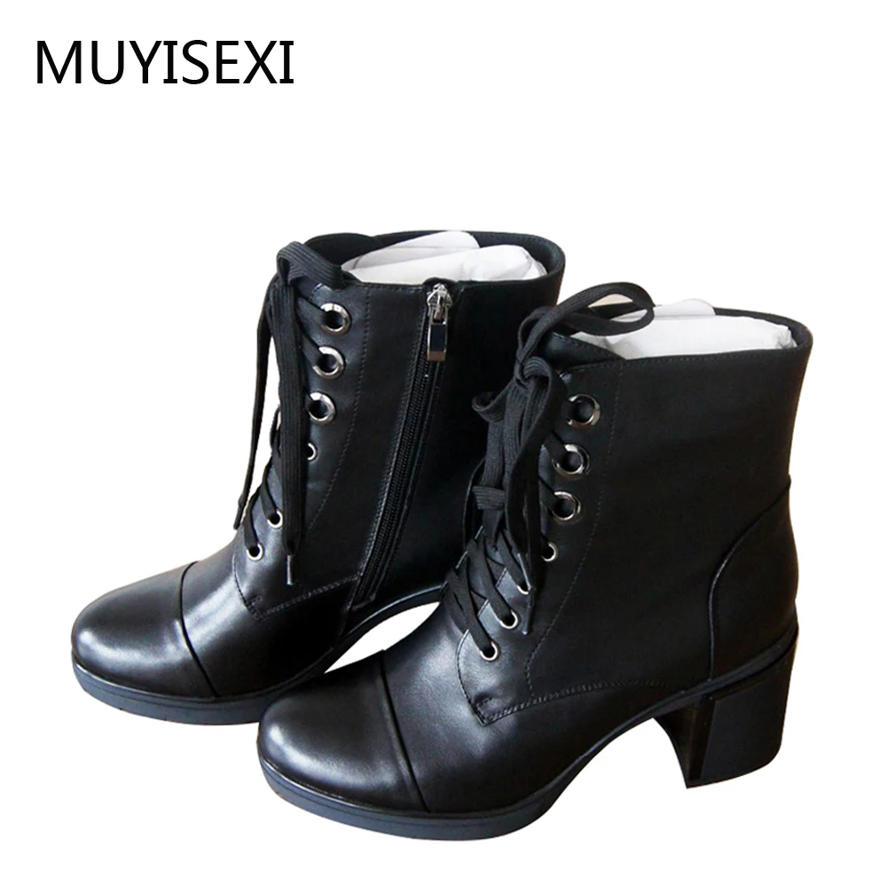 

Genuine Leather Botas Square Heel Round Toe Shoes Women Heels Black Boots Ankle Lace-up Russian Size LID019 MUYISEXI