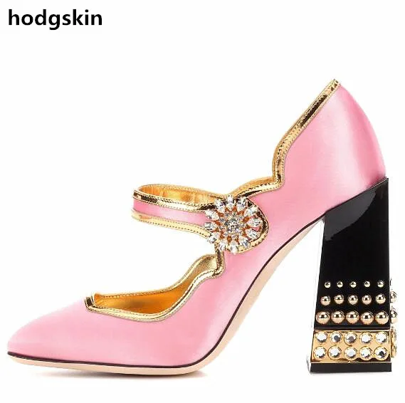 

2019 Lolita Style Pink Satin Mary Jane Women Pumps Thick Chunky Jewelry Heel Rhinestone Flower Buckles Ladies Shoes Woman