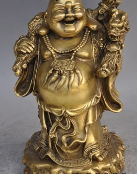 

8" china brass wealth dragon ruyi gold bag Lock Maitreya Buddha lucky fu statue