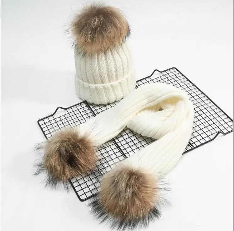 Детские зимние хлопковые комплекты из 2 предметов: шапка и шарф, шапка с натуральным мехом лисы и помпонами, детская теплая вязаная шапка, шапки-бини для девочек и мальчиков