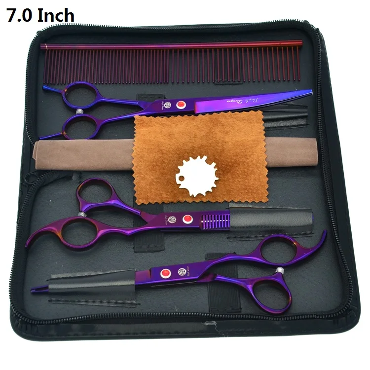 7.0" Purple Dragon Grooming Pet Clipper Japan 440c Steel Dog Straight& Thinning&Curved Scissors Animal Hair Cut Shears LZS0355 - Цвет: LZS0353 Set