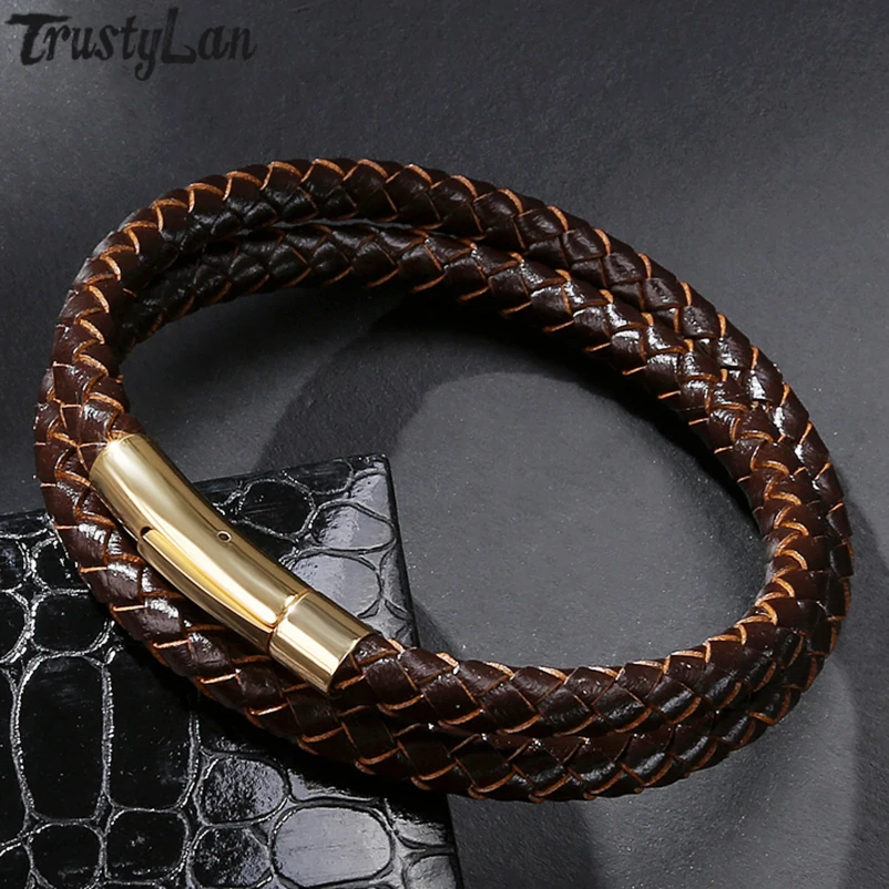 TrustyLan Mens Personalised Gold Color Stainless Steel Clasp Bracelet Double Wrap Men's