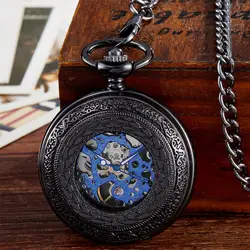 Роскошный Черный Механические карманные часы Для мужчин Винтаж Hollow Рука Ветер Брелок часы с цепочкой кулон Для мужчин Для женщин подарок