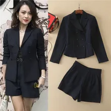 Business Suit Solid BLack Long Sleeve Double Brasted Blazer And Shorts 2 Pieces Suits Sets 2017 famous Brand Twill jackets xl