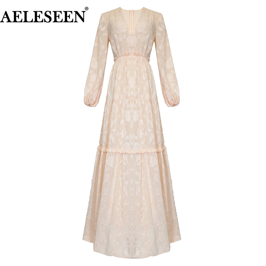 

AELESEEN Luxury Elegant Lace Dress 2019 New Ruffles Embroidery Long Dress Women Fashion Maxi Dress Evening Party Beach Dress
