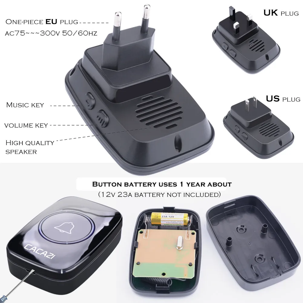 CACAZI 60 Chime 110DB беспроводной дверной звонок Водонепроницаемый 300 м Пульт дистанционного управления ЕС вилка умный дверной звонок батарея 1 2 3 Кнопка 1 2 3 4 Приемник
