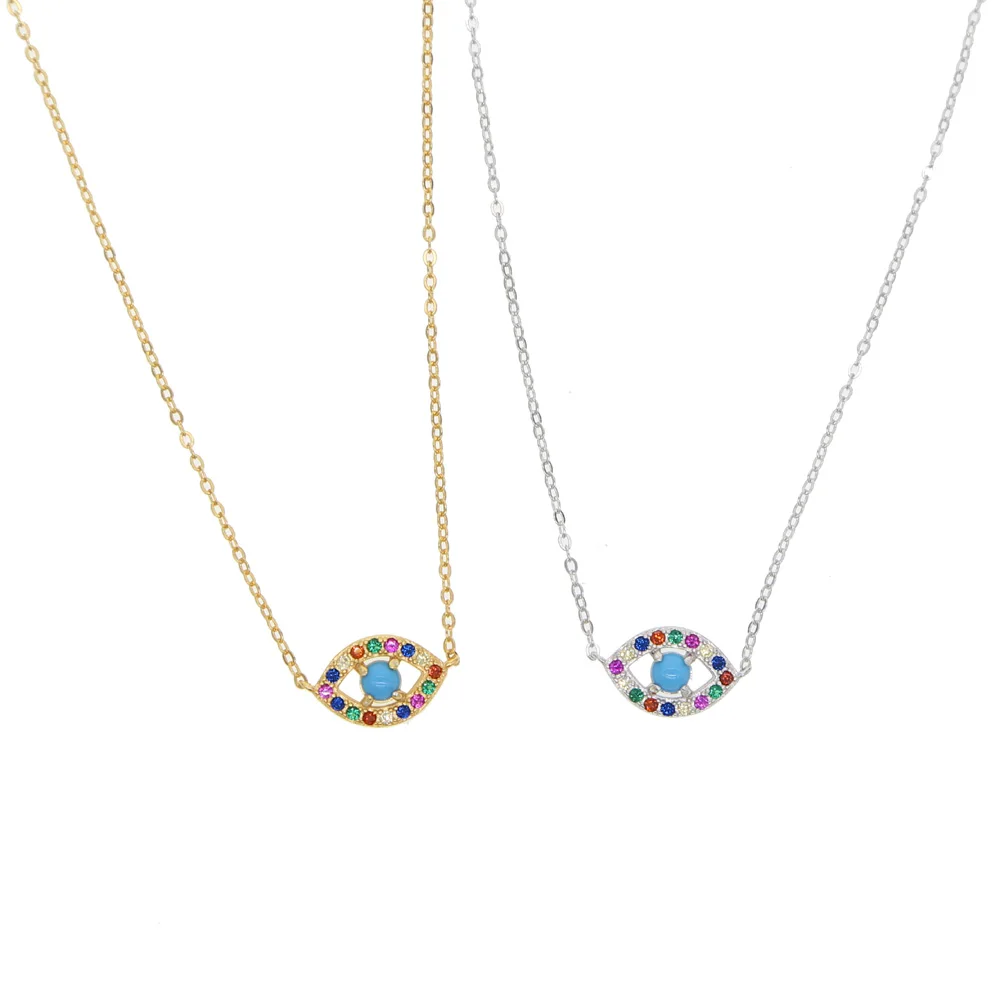 

tiny small turkish evil eye charm paved rainbow cz turquoises stone minimal delicate dainty 925 sterling silver necklace