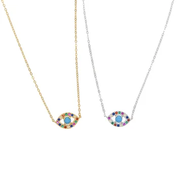 tiny small turkish evil eye charm paved rainbow cz turquoises stone minimal delicate dainty 925 sterling silver necklace