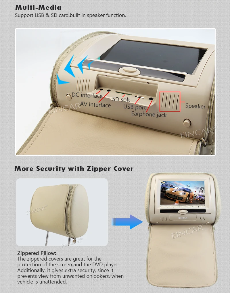 Perfect Car Headrest DVD Player Black pillow dvd player Universal Digital Screen zipper Car Monitor USB FM TV Game IR Remote car headres 3