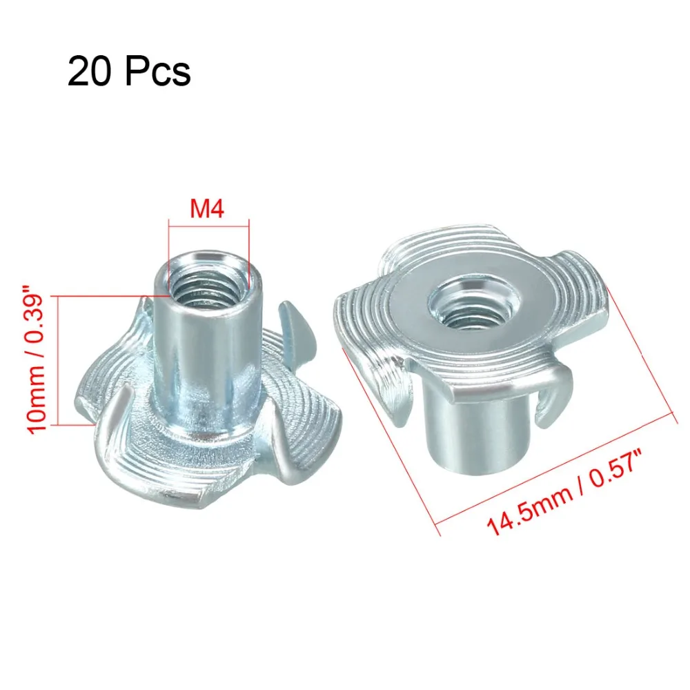 Uxcell New Hot 20pcs M4 M10 1/4&quot-20 4 Pronged Tee Nut T-Nut Assortment Threaded Insert For Rock Climbing Holds Wood Cabinetry |