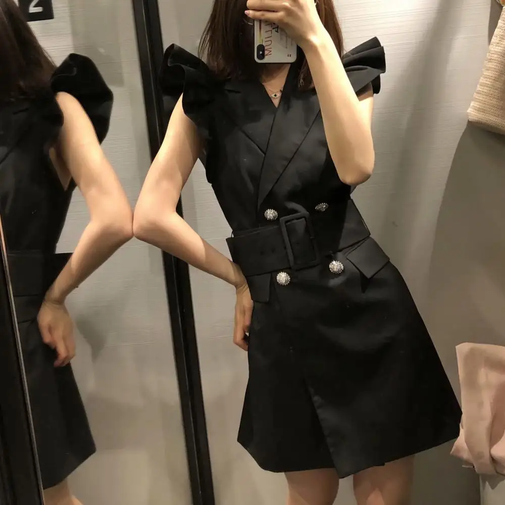 2019 новое черное двубортное тонкое платье женский широкий ремень Vestidos Для женщин