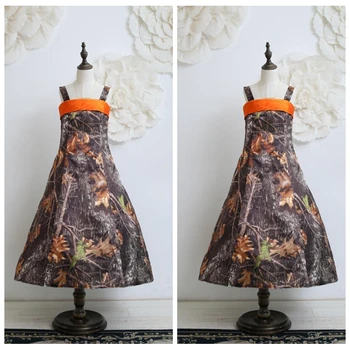 

2019 Spaghetti Strips A-Line Camo Flower Girls Dresses Slim Cheap Camouflage Real Tree Style Girl Dress Tea Length