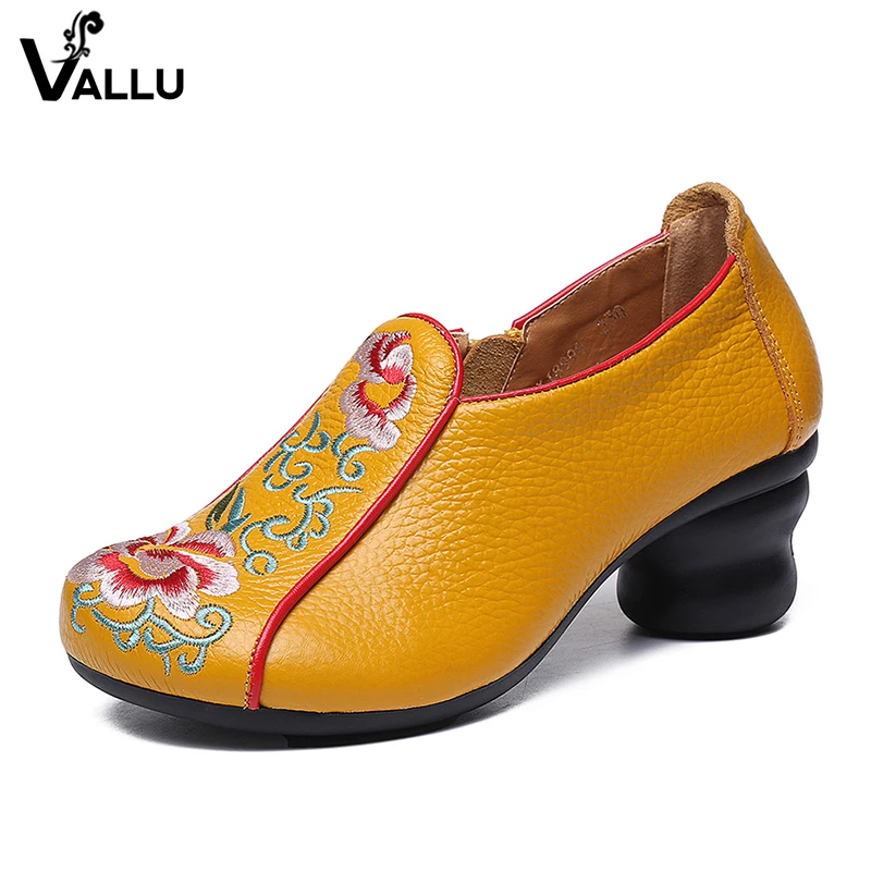 

2018 VALLU Genuine Leather Women Pumps Round Toes High Heels Handmade Embroider Vintage Ladies High Heel Shoes
