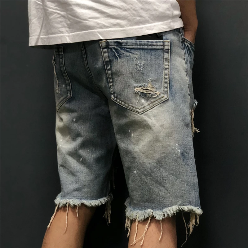 Черные/Синие рваные джинсовые шорты, мужские вымытые рваные короткие джинсы с дырками на коленях, уличная одежда, мужские потертые джинсовые шорты в стиле хип-хоп