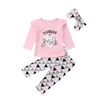 

Brand NEW 3PCS Clothes Set Baby Newborn Girls Outfit Tops Long Ruffle Sleeve T shirt + Long Geometric Pants Set