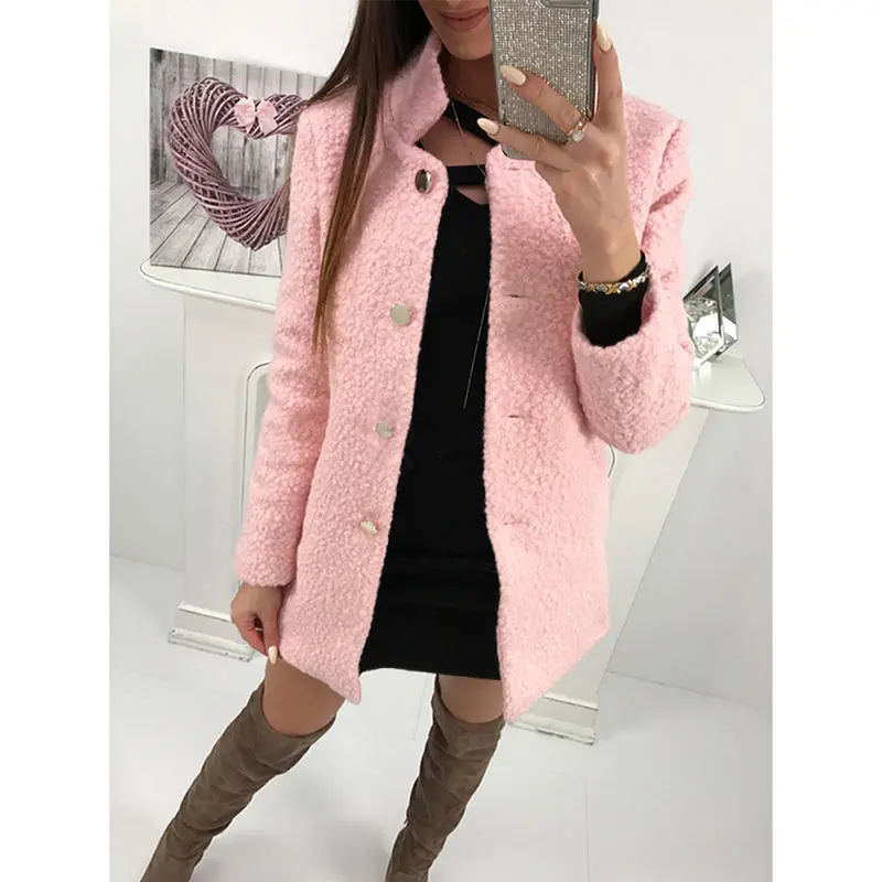 Women Winter Woolen Coat Autumn Casual Solid Color Long Sleeve Pocket Single-Breasted Suit Collar Pink Long Coat Abrigos Fashion (2)