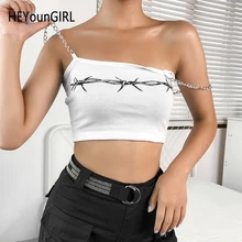 HEYounGIRL Patchwork Chain Sleeveless Cami Top Women Backless White Casual Cropped Top Thorns Printed Summer Strap Tops Tees