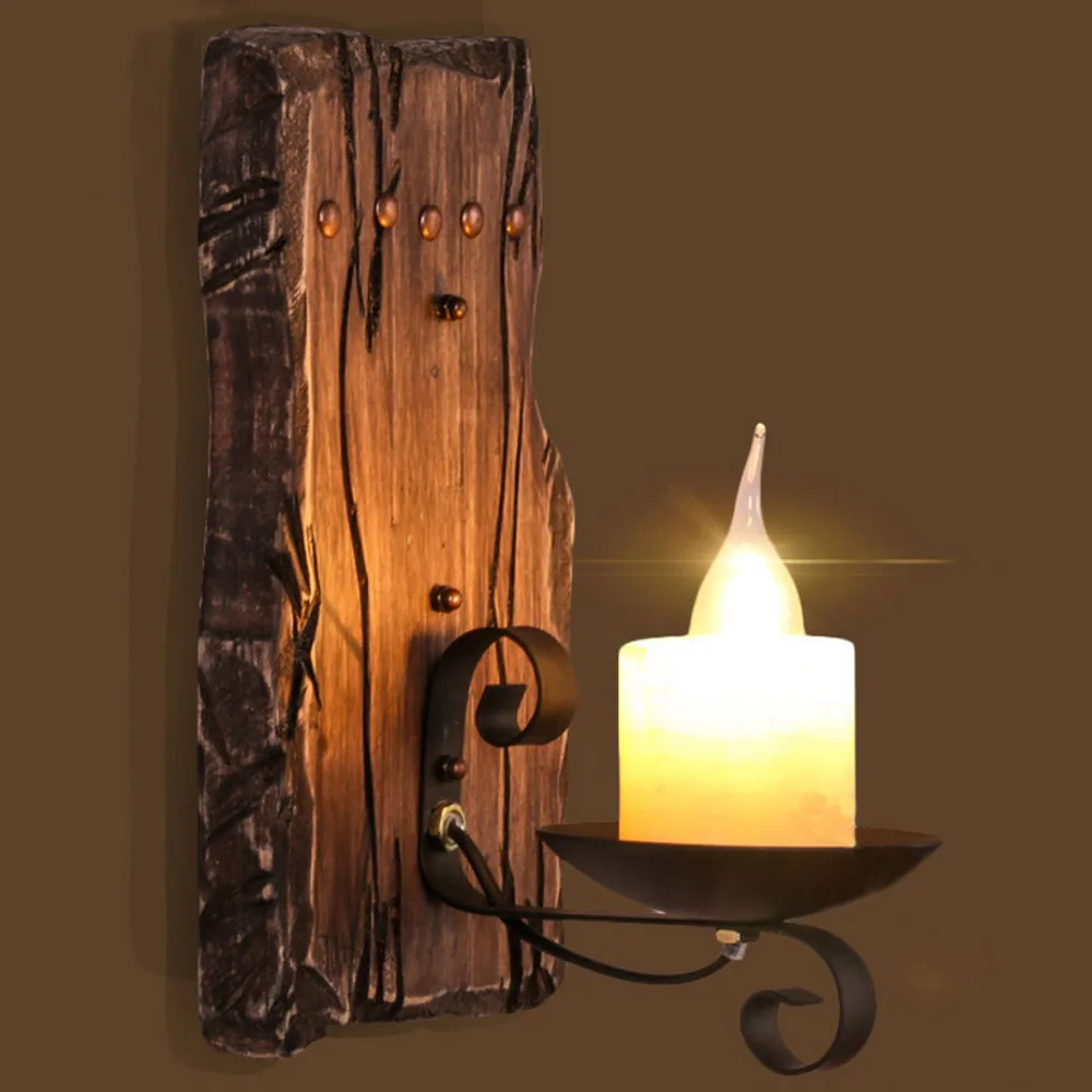 

American Aisle Retro Wood Industrial Windmill Wall Lamp Imitation Candle Bedroom Single Headlight 110-220v Luminaria Wall Light