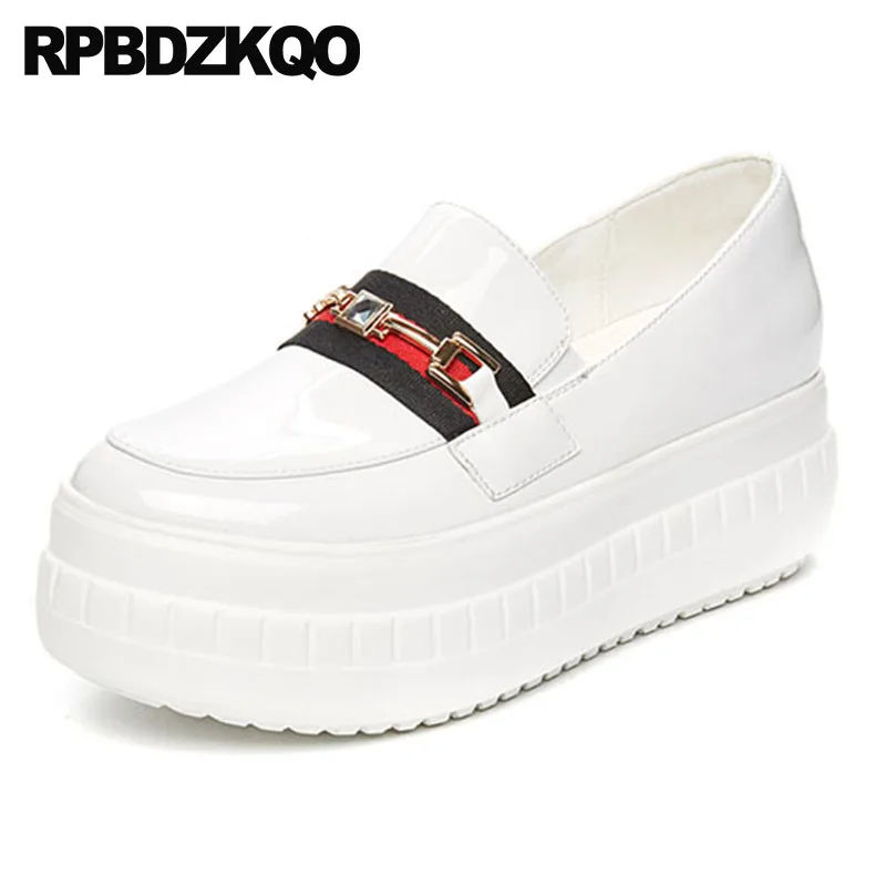 

women metal harajuku thick sole white elevator wedge muffin patent leather round toe hollow out size 33 creepers platform shoes