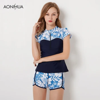 

AONIHUA Plus Size Women Swimsuits Print Floral Slim Short Sleeve Top Short Pants Wetsuit Swimwear Two Piece Surfing Swim Suits