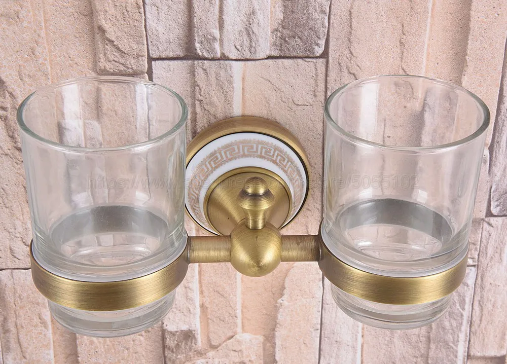 Antique Brass Cup & Tumbler Holders Toothbrush Holder With 2 Glass Cups Wall Mounted Ceramic Bathroom Accessories zba583