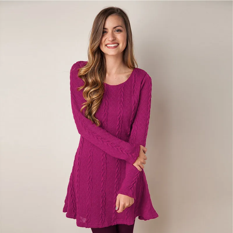 Women Long Sleeve Solid Hem Casual O-Neck A Line Mini Knitted Twist Wool Dress For Autumn and Winter