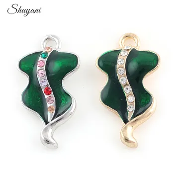 

27*15mm Gold Color Rhinestone Enamel Green Leaf Charms Pendants for Jewelry Making DIY Handmade Craft Accessories